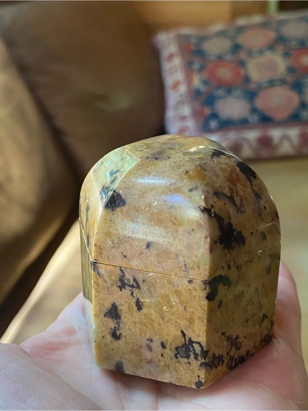 Jo Marz Natural Granite Hexagon Trinket Box Hand-Carved Stone Ring Keepsake 2”
